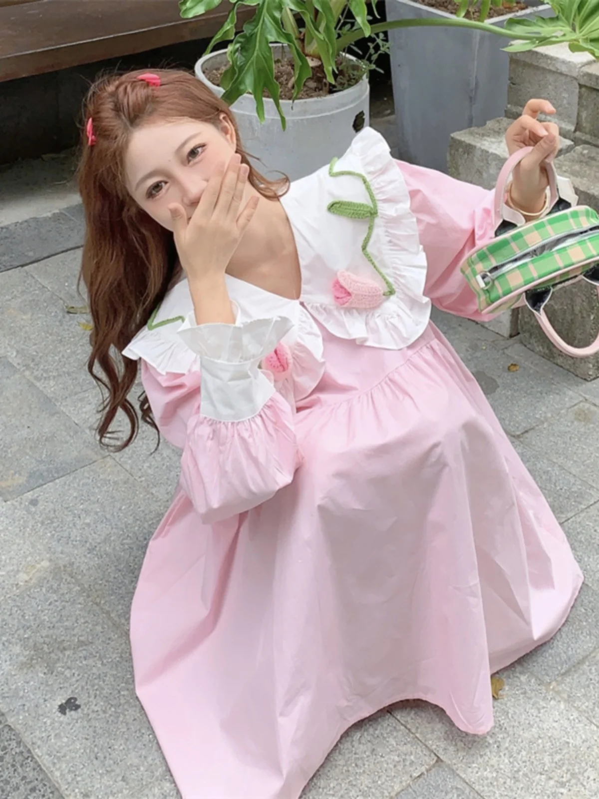 Korean Style Sweet Contrasting Doll Neck Dress Female Summer Autumn Loose Long Sleeved Short Dresses Large Size Women\'s Clothing