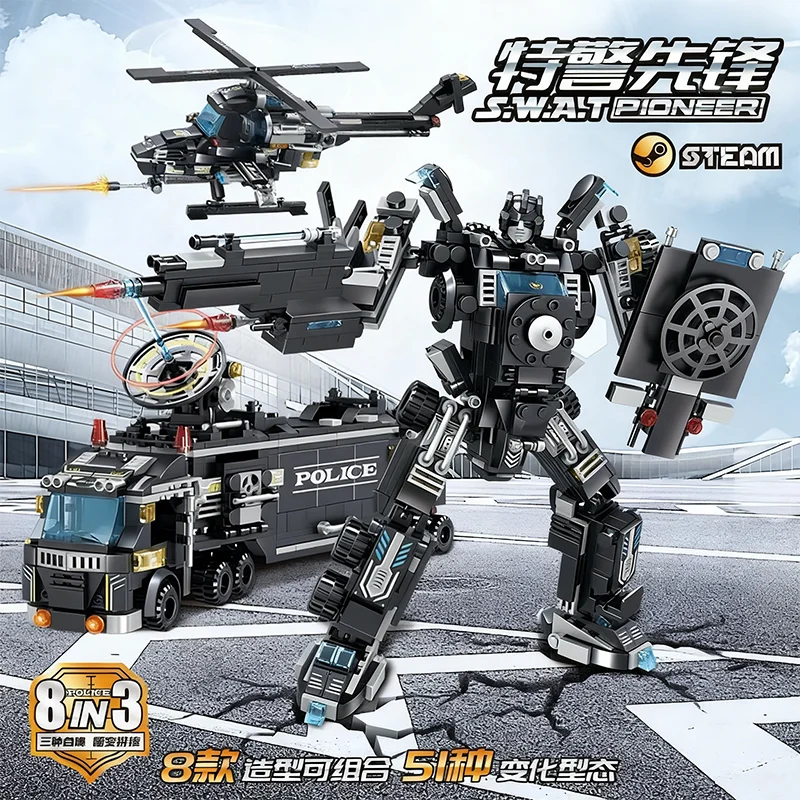

City Police Station Headquarters Building Blocks Truck SWAT Figure Transform Robot Military Bricks Toys for Kids Gift