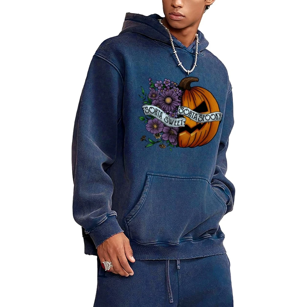 Loose Vintage Outfit Hoodie Halloween Flower Pumpkin Graphic Print Fashion Trend High Quality Cotton Hooded Sweatshirt