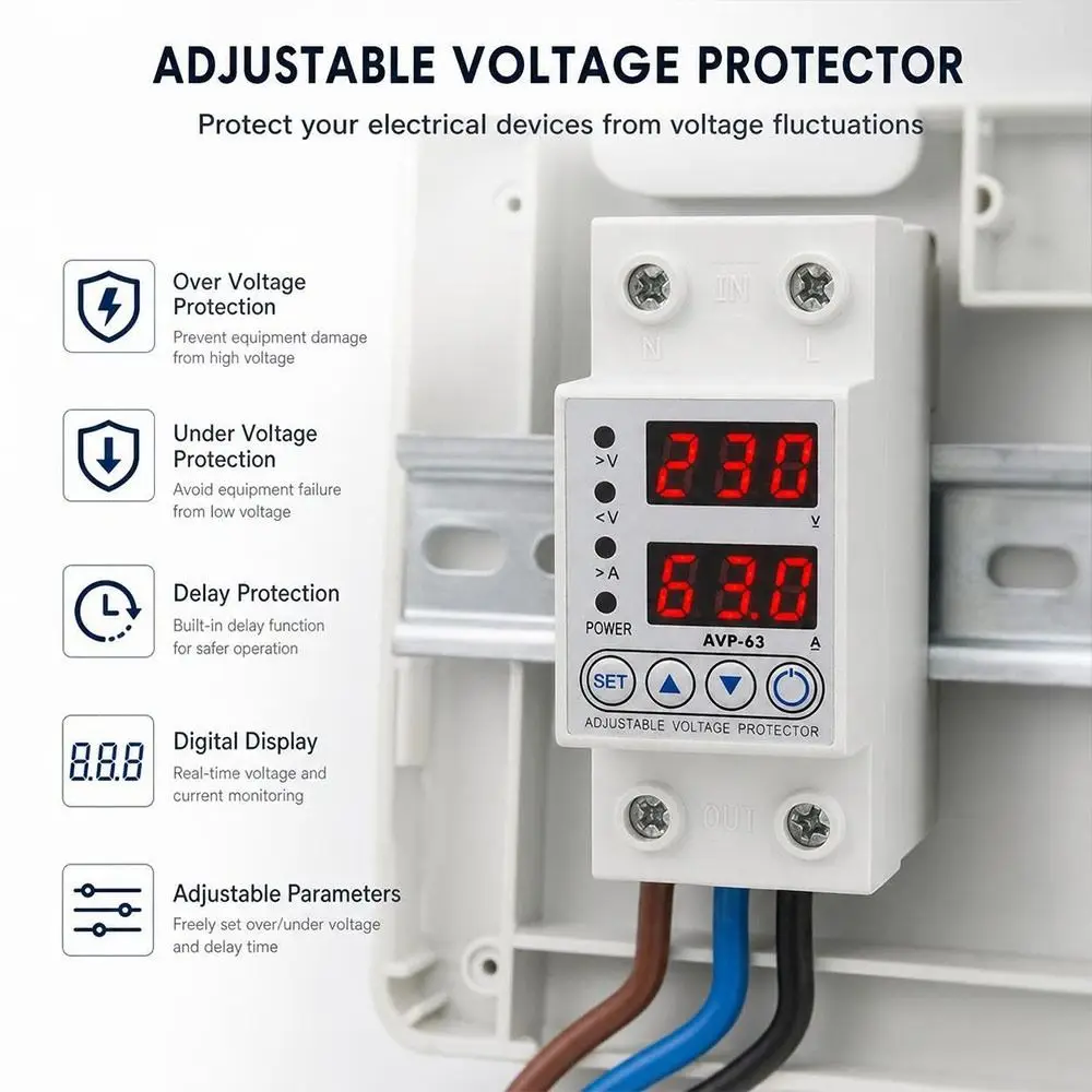 Dual Digital Display Automatic Voltage Protector Adjustable Thresholds Automatic Reset Current Limiting Protector DIN Rail Mount