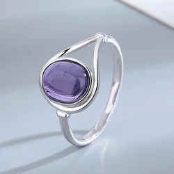 Silver Jewelry Ring 8*10MM Round Natural Moonstone Amethyst Agate Stone Vintage Ring For Women Party Gifts