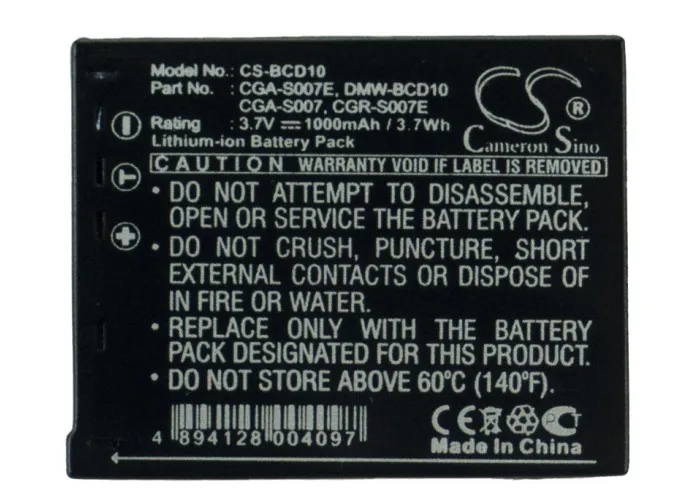 Camera Battery For Lumix DMC-TZ2 DMC-TZ3A  DMC-TZ1EB-S  DMC-TZ11 CGA-S007A/B CGA-S007E CGR-S007E CGR-S007E/1B DMW-BCD10