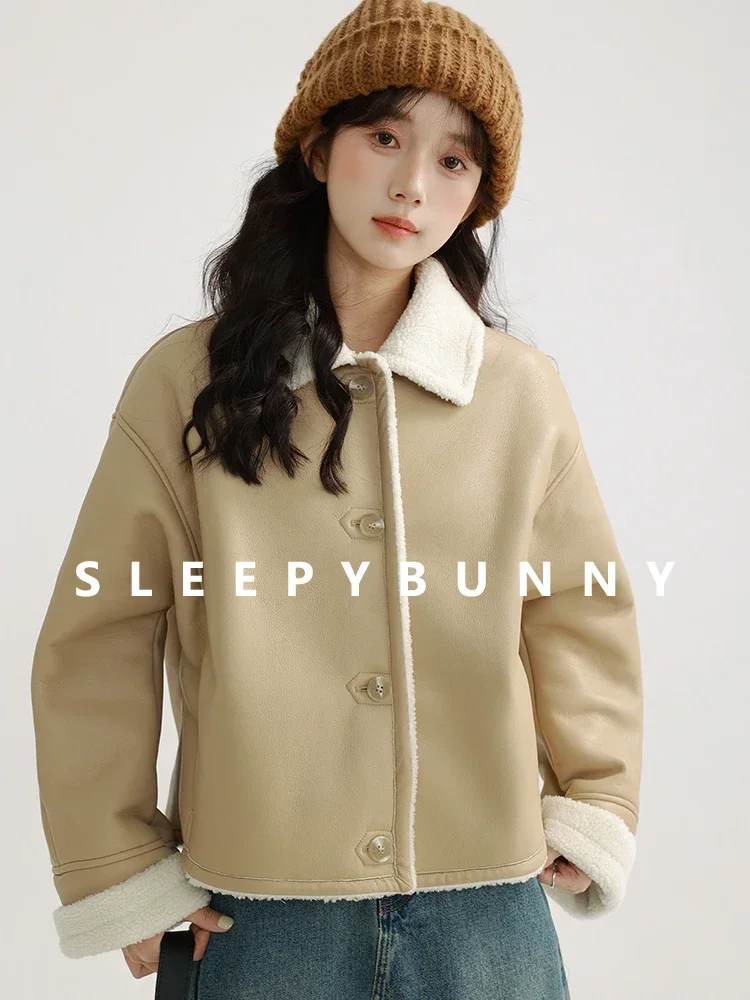 Turn-Down Collar Short Faux Shearling Coat Women Winter Warm Windproof Loose Fit Petite Faux Fur Jacket Casual Outerwear 2024