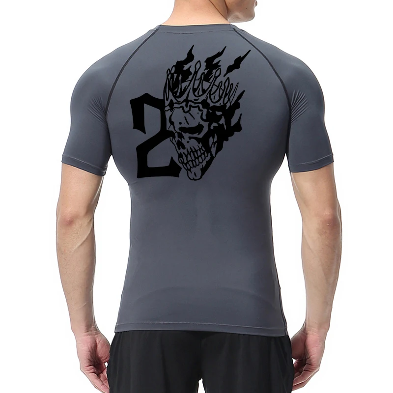 Camicie a compressione a maniche corte con stampa numero teschio per uomo T-shirt sportive estive ad asciugatura rapida T-shirt da corsa per allenamento in palestra