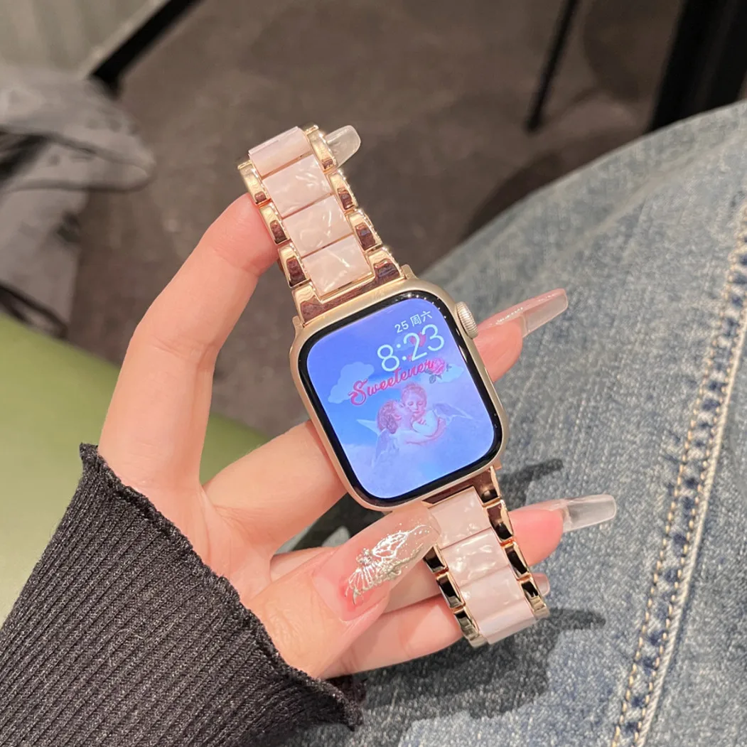 Damen-Harzarmband für Apple Watch Ultra 2, 49 mm, 40, 44, 42, 46, 38, 41, 45 mm, Metallarmband, iWatch Series 12, 11, 10, 9, 8, 7, SE, 6, 5, 4, 3