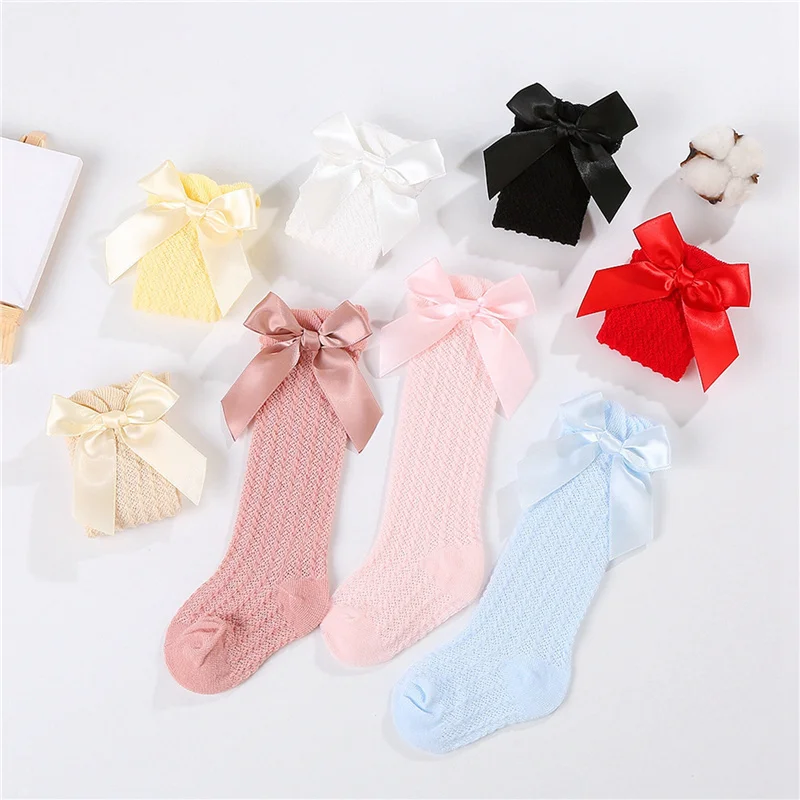 

Baby Girl Knee High Socks Soft Long Socks Thin Mesh Stockings with Bow for Infants 0-3Years