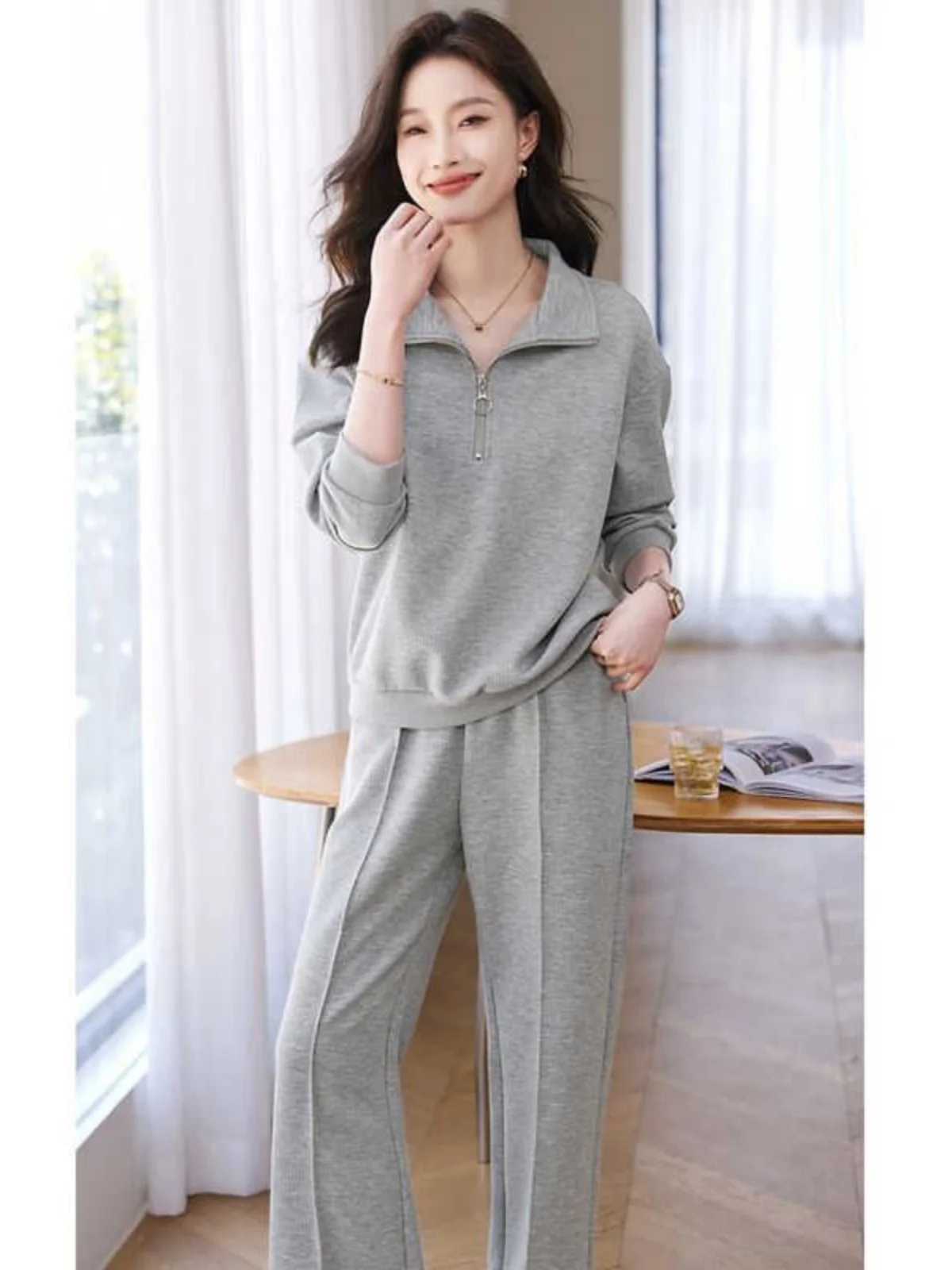 Fashionable Texture Casual Two-Piece Set Spring Autumn New Simple Collar Sweatshirt Elastic Waist Women's Suit Polyester Long...