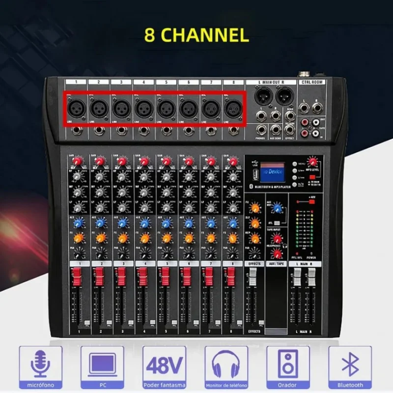 CT-80S 8 Channel Mixing Console with Echo Bluetooth Playback Effects Balanced Stereo Mixer Digital Stage Performance Equipment view 2