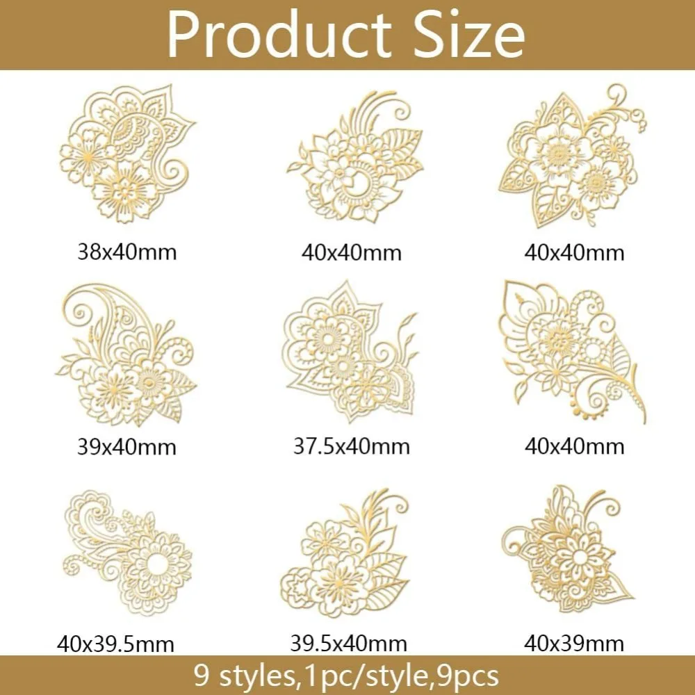 Golden Metal Flower Stickers - 9pcs 1.6x1.6 inch Self-Adhesive Henna Mandala Design Epoxy Stickers for DIY Scrapbooks making kit