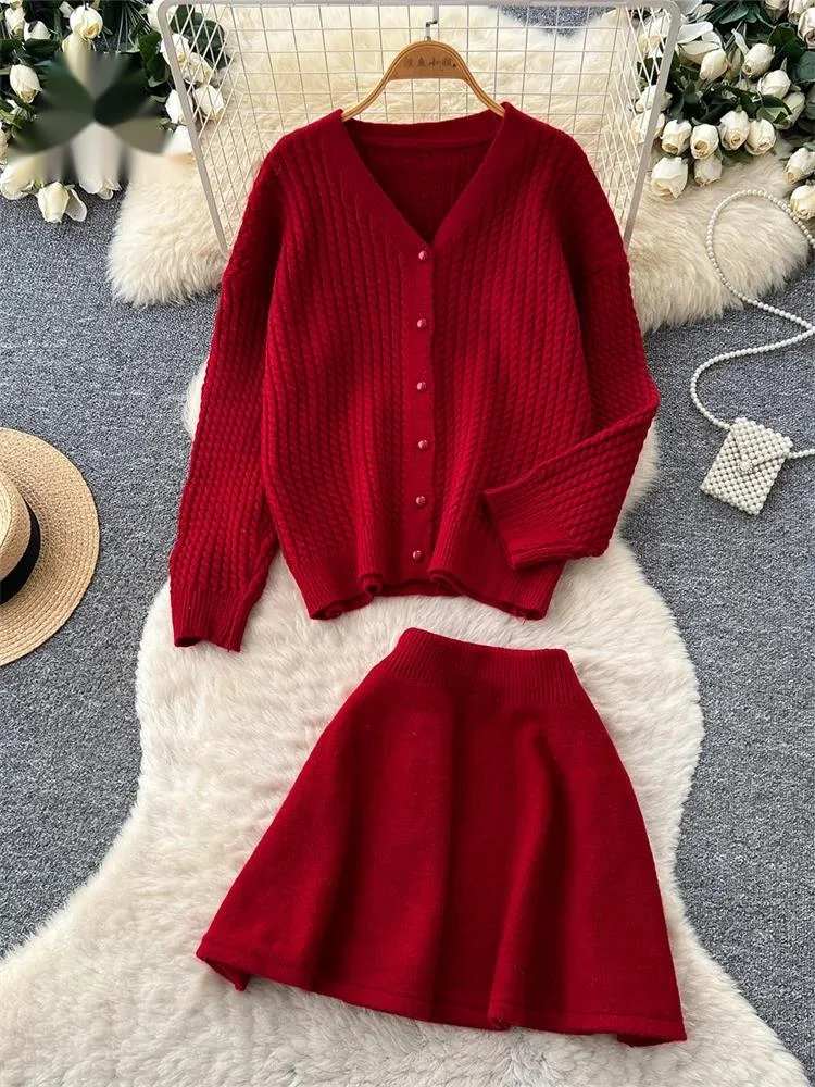 Autumn Knit Korean Casual Suits Women Texture V Neck Loose Cardigan+A-line Mini Skirt Clean Girl Simple Daily 2Pcs Set