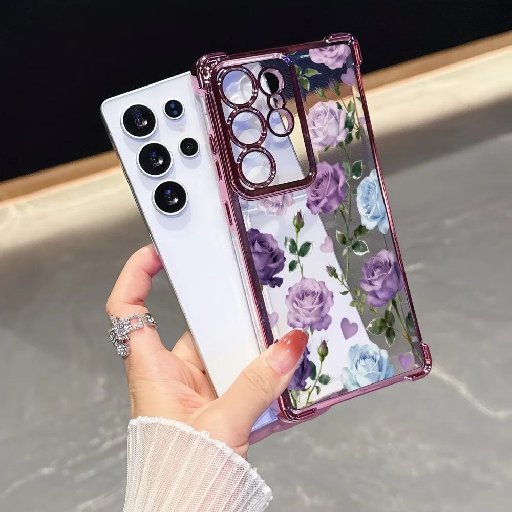 Electroplated Four-Corner Anti-Fall Purple Rose Clear Phone Case For Samsung Galaxy S26 S25 S24 S23 S22 S21 Ultra Plus FE Cover