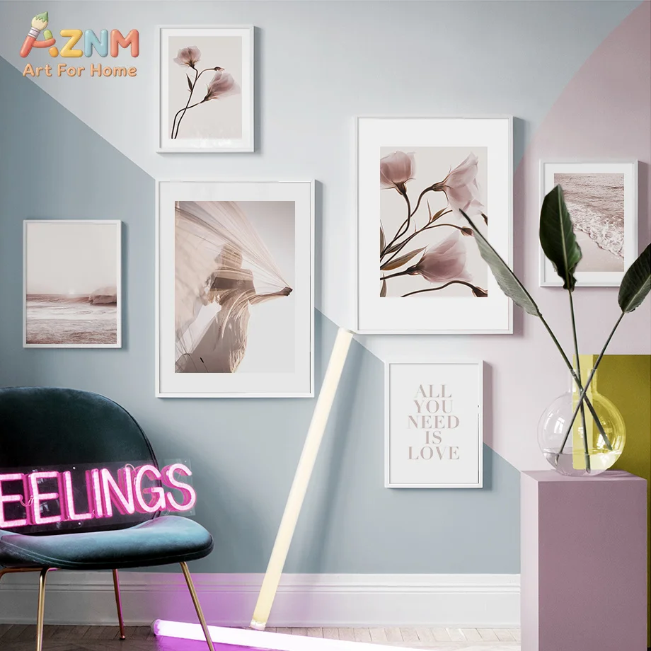 AZNM Unframed Canvas Print Blush Pink Floral Wall Art Soft Aesthetic Flower and Woman Home Decor Poster