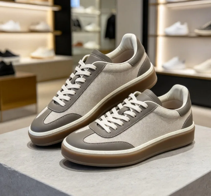 Grey genuine leather versatile chunky casual skate shoes for men couples sports sneakers with comfort soft durable sole.