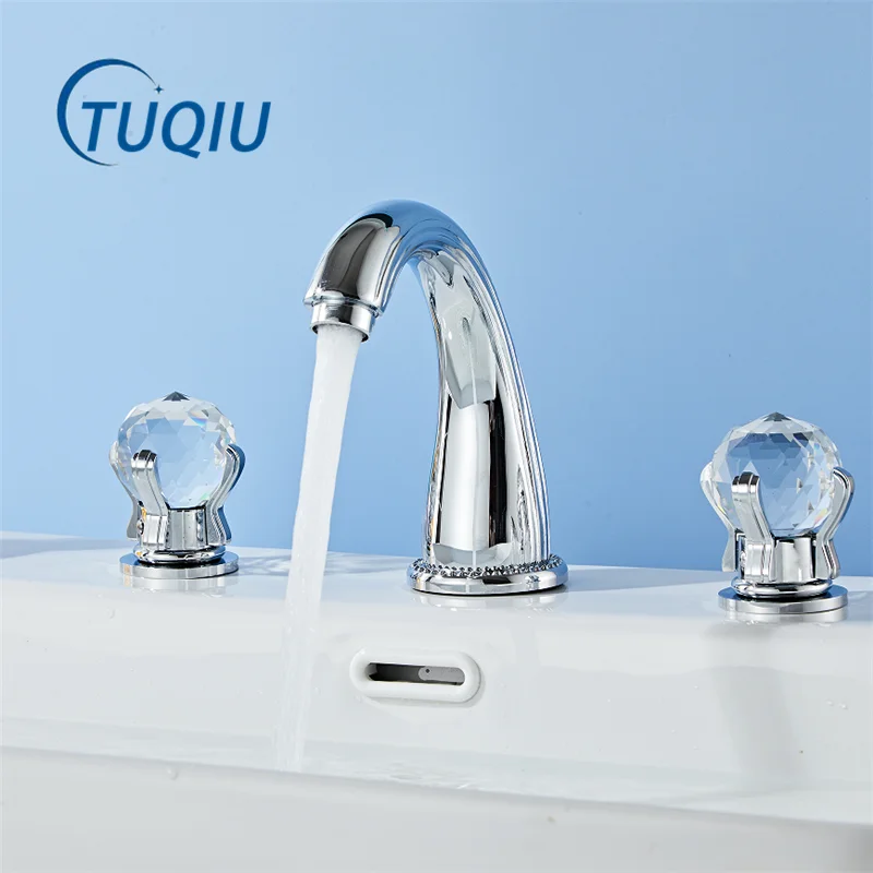 Tuqiu Gold Basin Faucet Black Widespread Sink Tap Brass Faucet Bathroom Sink Faucet 3 Hole Crystal Handle Hot And Cold Water Tap