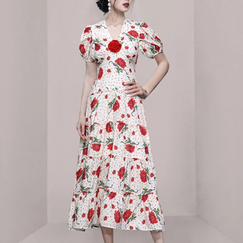 

Hot Sale Summer Dresses Women's V-Neck Bubble Sleeve Peplum Print Dresses Chic Elegant Party Casual Vestidos