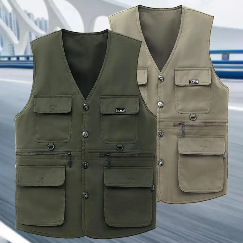 

Men Waistcoat Men's Workwear Style V-neck Waistcoat with Multiple Pockets Single-breasted Fishing Photo Vest Coat for Outdoor