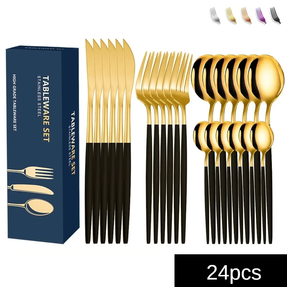 

Stainless steel cutlery knife and fork set 24 pieces food grade durable 4 sets of 6 people gold cutlery and fork spoon