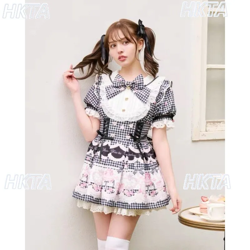 Japanese Sweet Girly Plaid Heart Bow Short Dress New Summer Princess Lolita OP Dress Shorts Set Outfits Jirai Kei Liz Dresses
