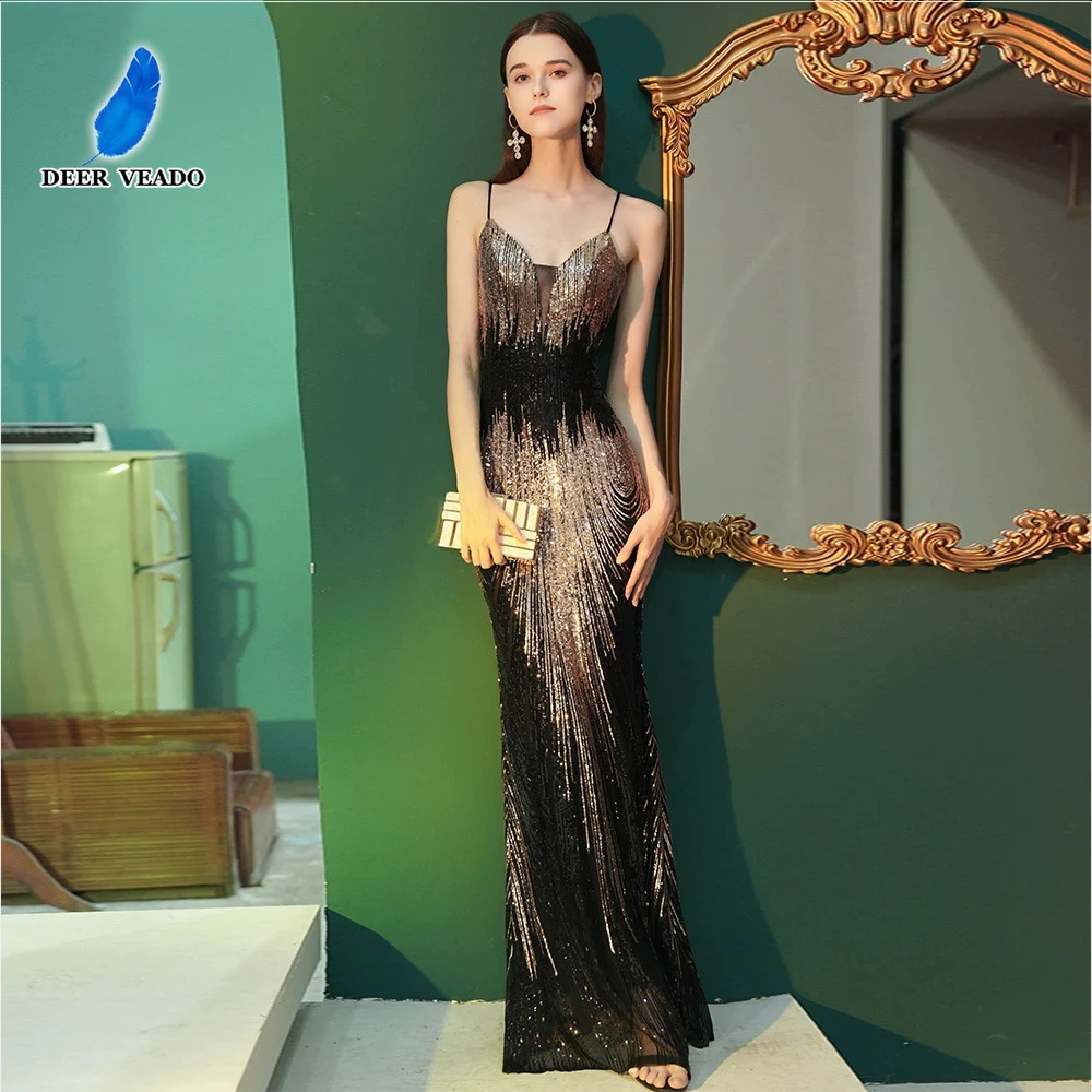 

DEERVEADO 6 Colors Mermaid Deep V-Neck Strap Evening Dresses Woman Elegant Sequins Formal Dress Prom Party Dresses Long
