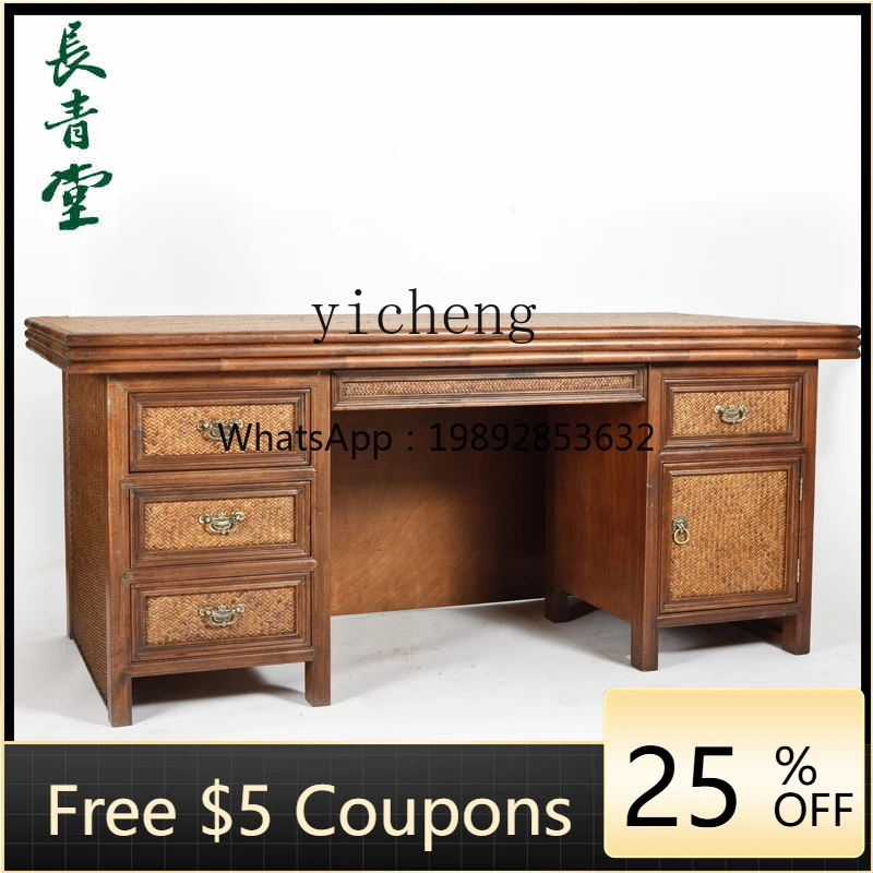 ZK Solid Wood Computer Desk for Home Use, Simple Office Style, Rattan Woven Executive Writing Desk with Drawers