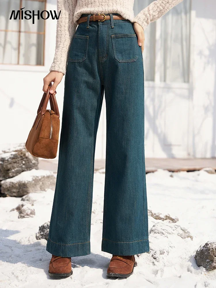 MISHOW 100% Cotton Wide-leg Baggy Jeans for Women 2024 Autumn Winter High Waist Straight Trousers Plus Velvet Pants MXC55K0542