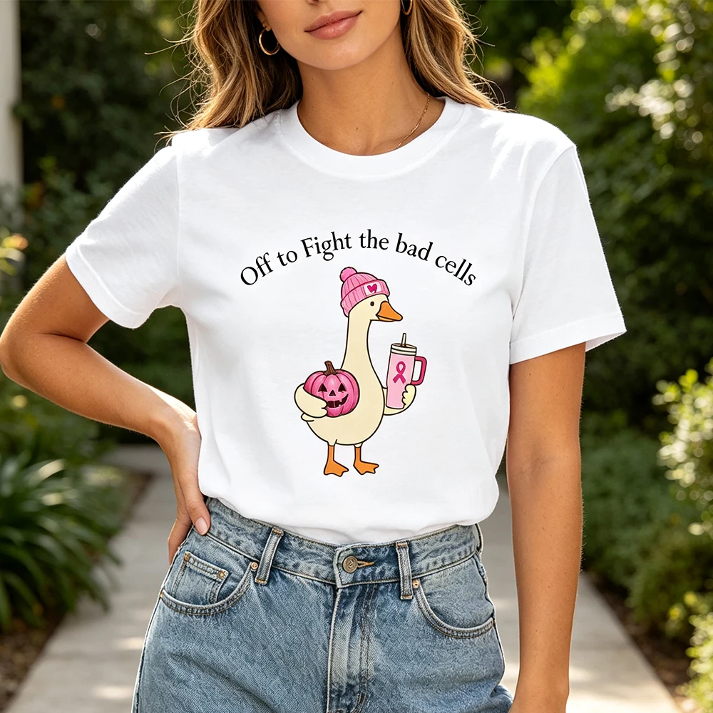 Breast Cancer Pink Goose Holding Pumpkin T-Shirt Off To Fight The Bad Cells Tee Goose Wearing Beanie Hat Tee Pink Ribbon Gift