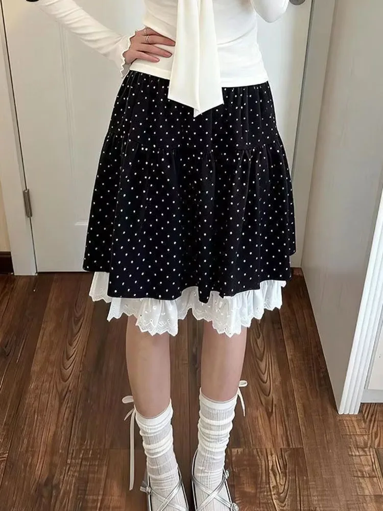 

Skirts Women Stretch High Waist Summer Fashion Lace Patchwork Elegant Polka Dot Sweet Vintage Skirt Ladies Casual