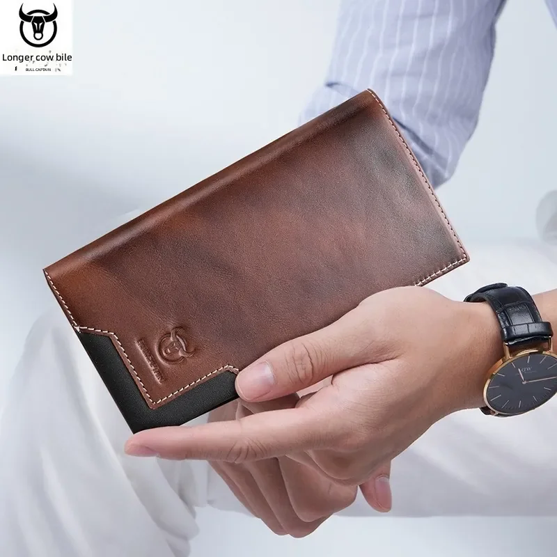 Men Long Genuine Leather Wallet,Vintage Waxed Leather Design, Layer Cowhide Bifold Wallet,Large Capacity Coin Purse Card Holder