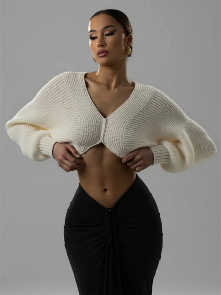 

Nibber Knit Crop Tops Women v-Neck Long Sleeves Casuals Autumn Fashion Simple Classic Comfortable Elegant Commute Loose Tops