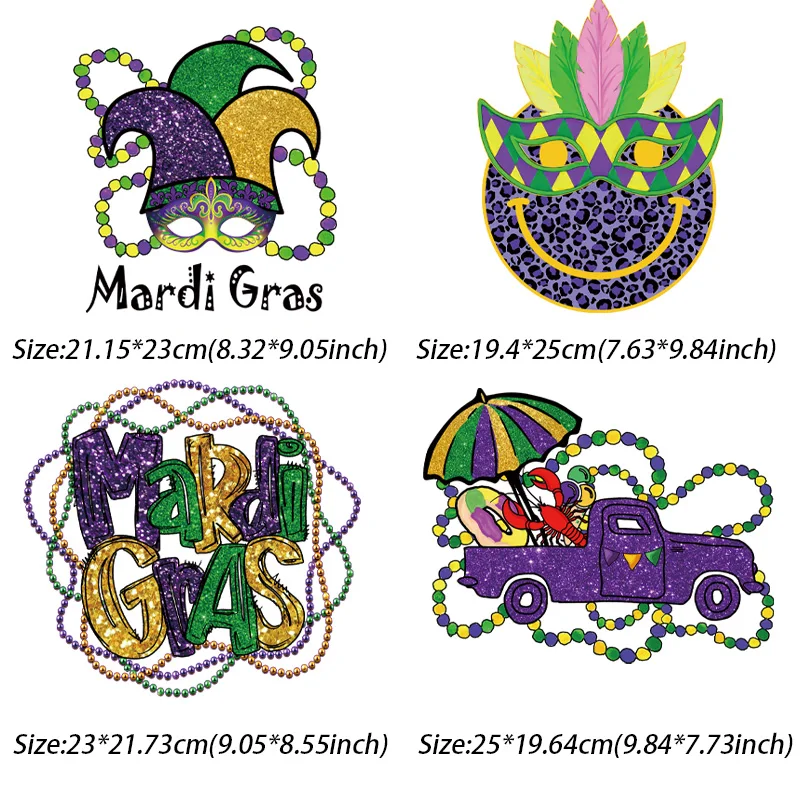 Mardi Gras engomar desenhos animados adesivos, DIY roupas e roupas, grande porte, transferência de calor, 4