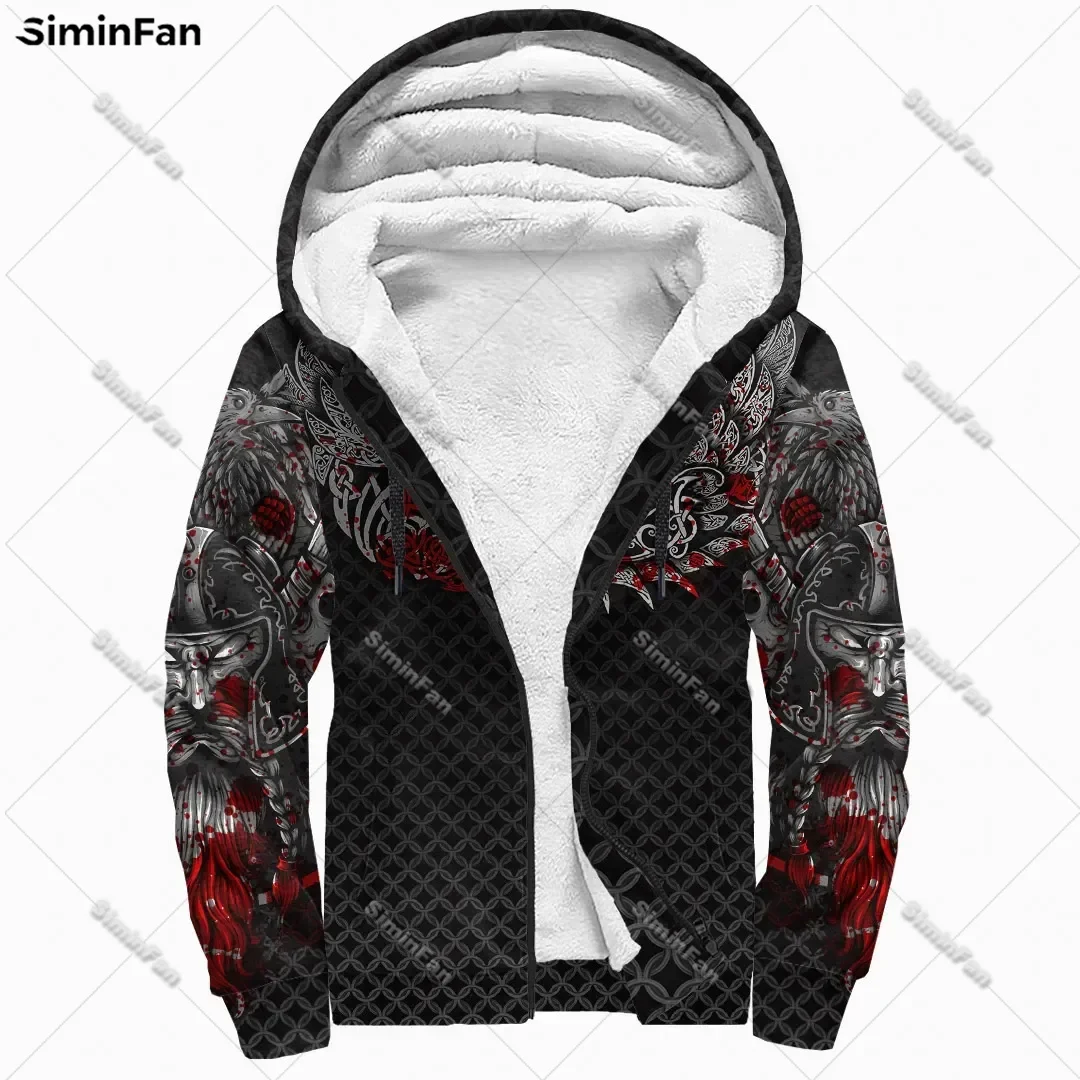 Viking Raven Wolf Dragon 3D All Over Printed Men Thicken Fleece Jacket Winter Windproof Outerwear Female Unisex Warm Zip Hoodie