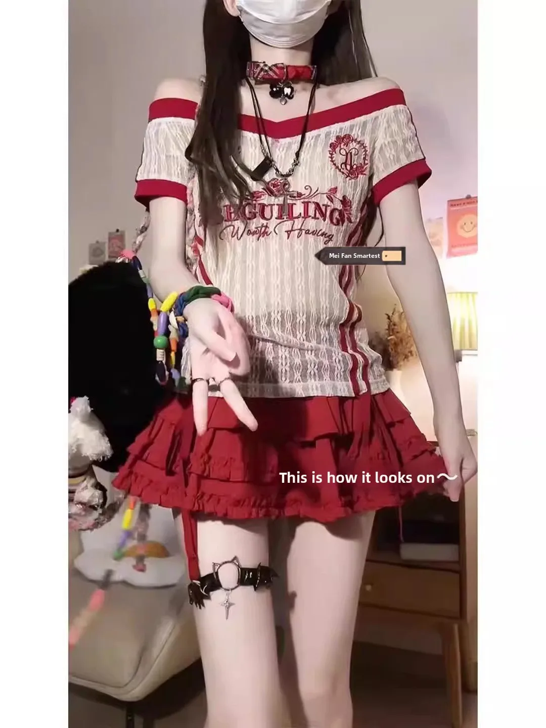 Red Millennial Style Half-length A-line Skirt with Wood Grain Ruffle for Women Spring Autumn Season Low Waist City Commute