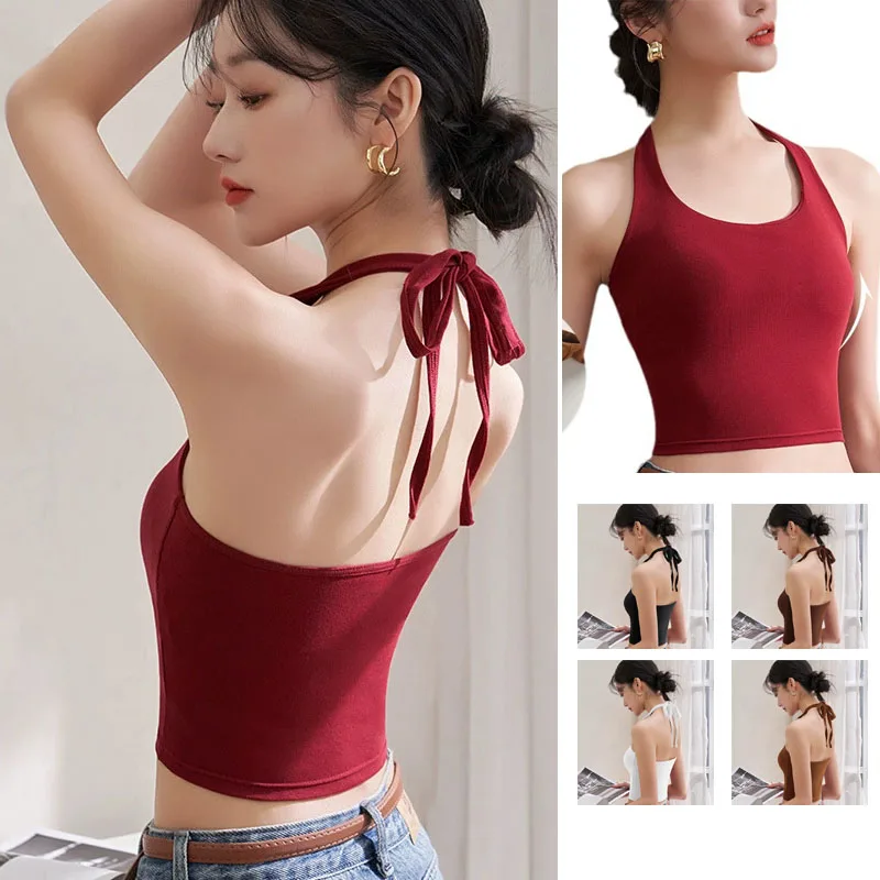 For 40-60kg Halter Spaghetti Straps Sleeveless Camisole Top For Women Short Crop Tops With Chest Pad Beauty Back Underwear