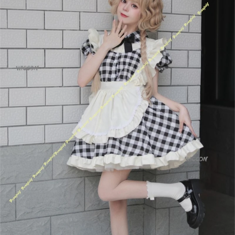 Disfraces de Cosplay para niñas, bonito vestido de sirvienta corto a cuadros, falda, uniforme de Lolita, lazo rojo y negro, accesorios para mujeres, Navidad y Halloween