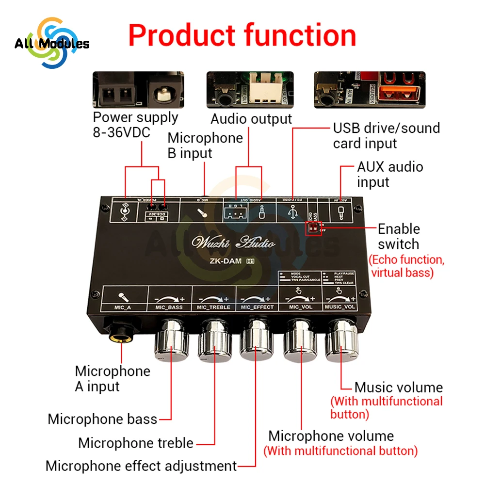 DAM H1 Karaoke Reverb Board Pre-Effects Mic Microphone Karaoke with Bluetooth USB Decoding Support TWS Pair Connection