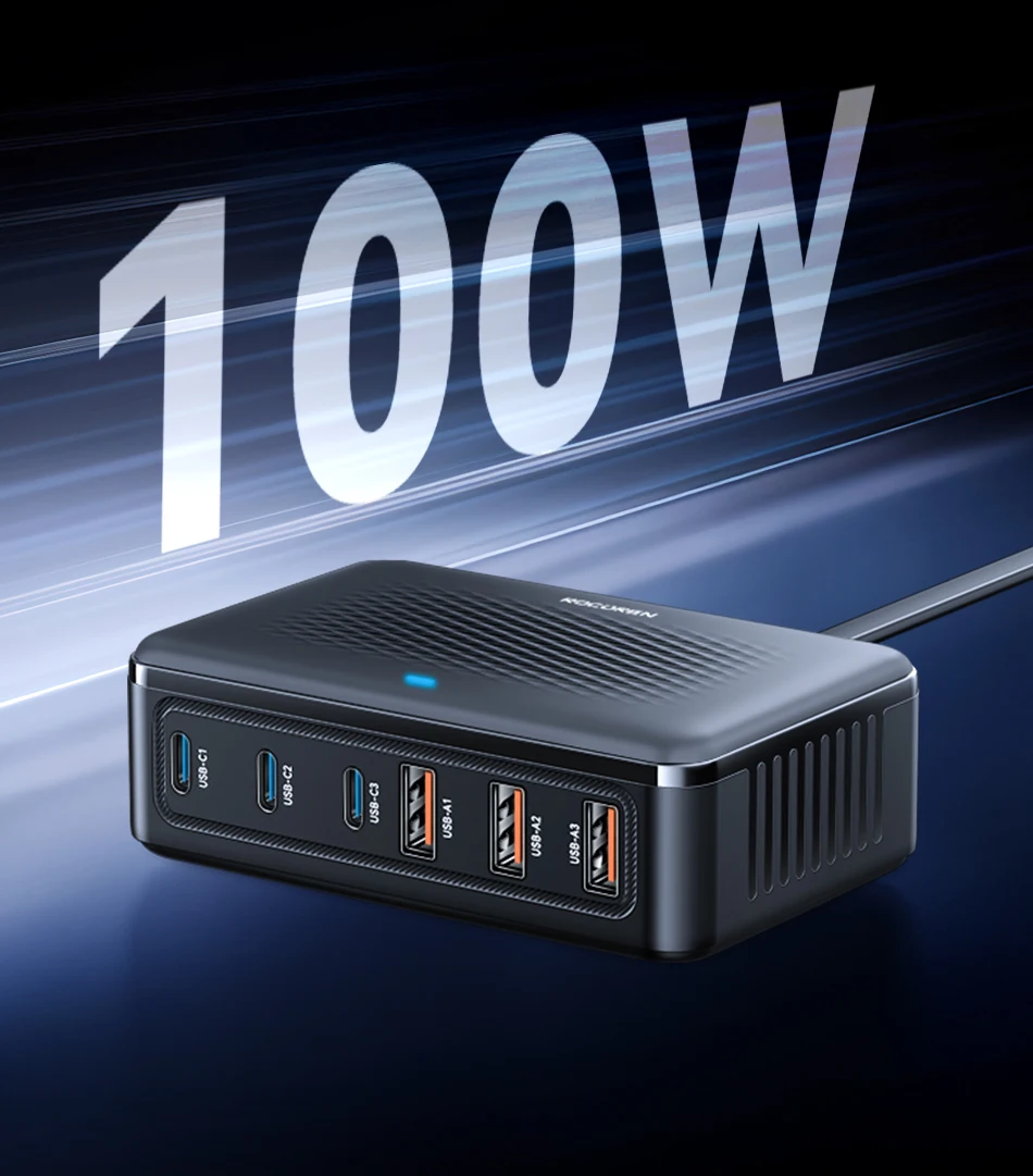 Rocoren USB-Ladegerät 100 W GaN-Ladegerät 6-Ports Desktop-Schnellladung Typ-C-Ladegerät Tragbares Kraftwerk für iPhone Xiaomi POCO – Detail 2