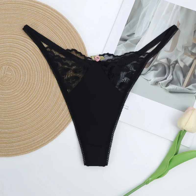 Ropa Interior de Yoga Transpirable de Cintura Baja para Mujer, Tanga de Nailon sin Costuras con Borde de Encaje, Diseño Elega...