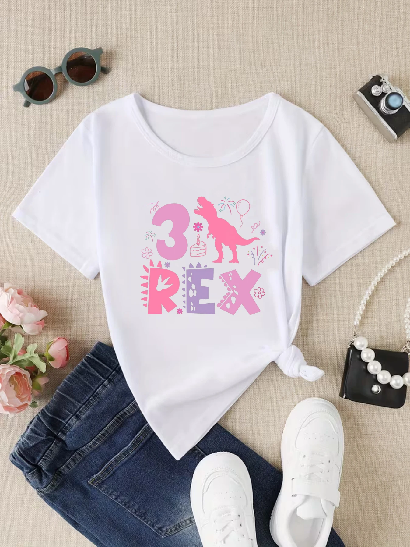 Three Rex Pink Dinosaur & Letter Print Tshirt Girls, 