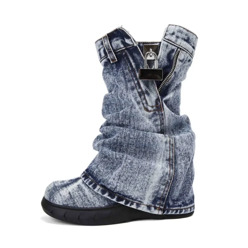 

2024 European and American Autumn and Winter Thick Soled Washed Retro Denim Buckle, Sloping Heel, Personalized Mid Length Boots