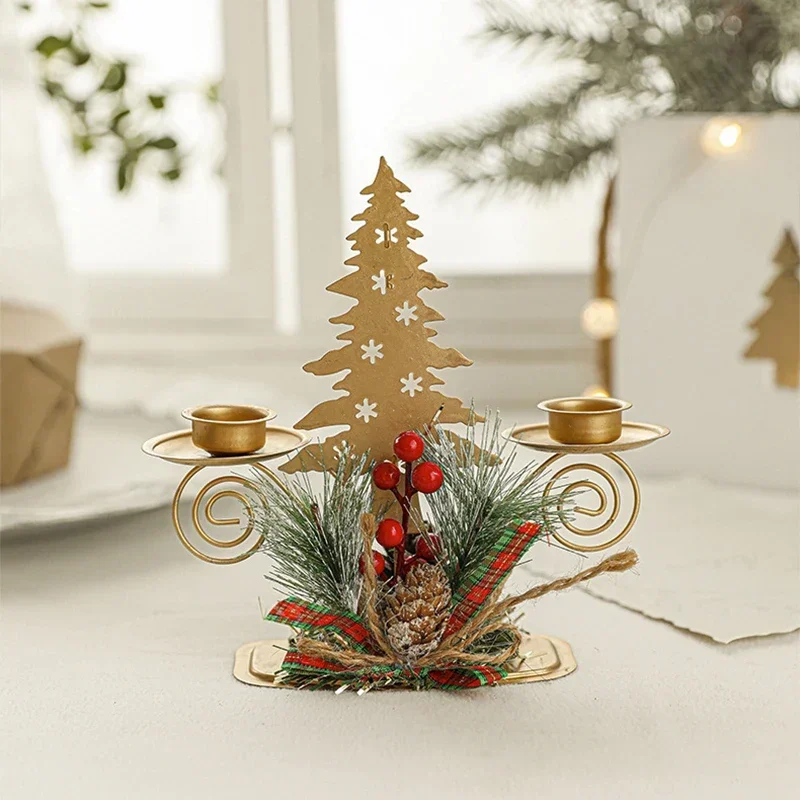 Christmas Santa Claus Candle Holder Elk Tree Golden Iron Candlestick New Year Table Ornaments Xmas Gift Decor For Home