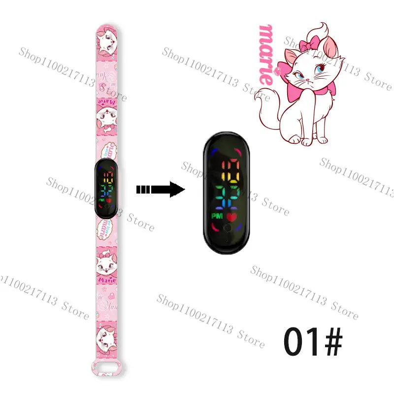 Disney The Aristocats children's watches cartoon character Marie Cat LED Waterproof Electronic Sports Bracelet Watch kids gifts