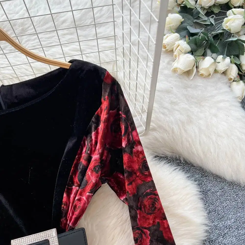 Sexy long sleeve print Spliced velour split Dress vintage Elegant Women Party basics korean fashion dresses