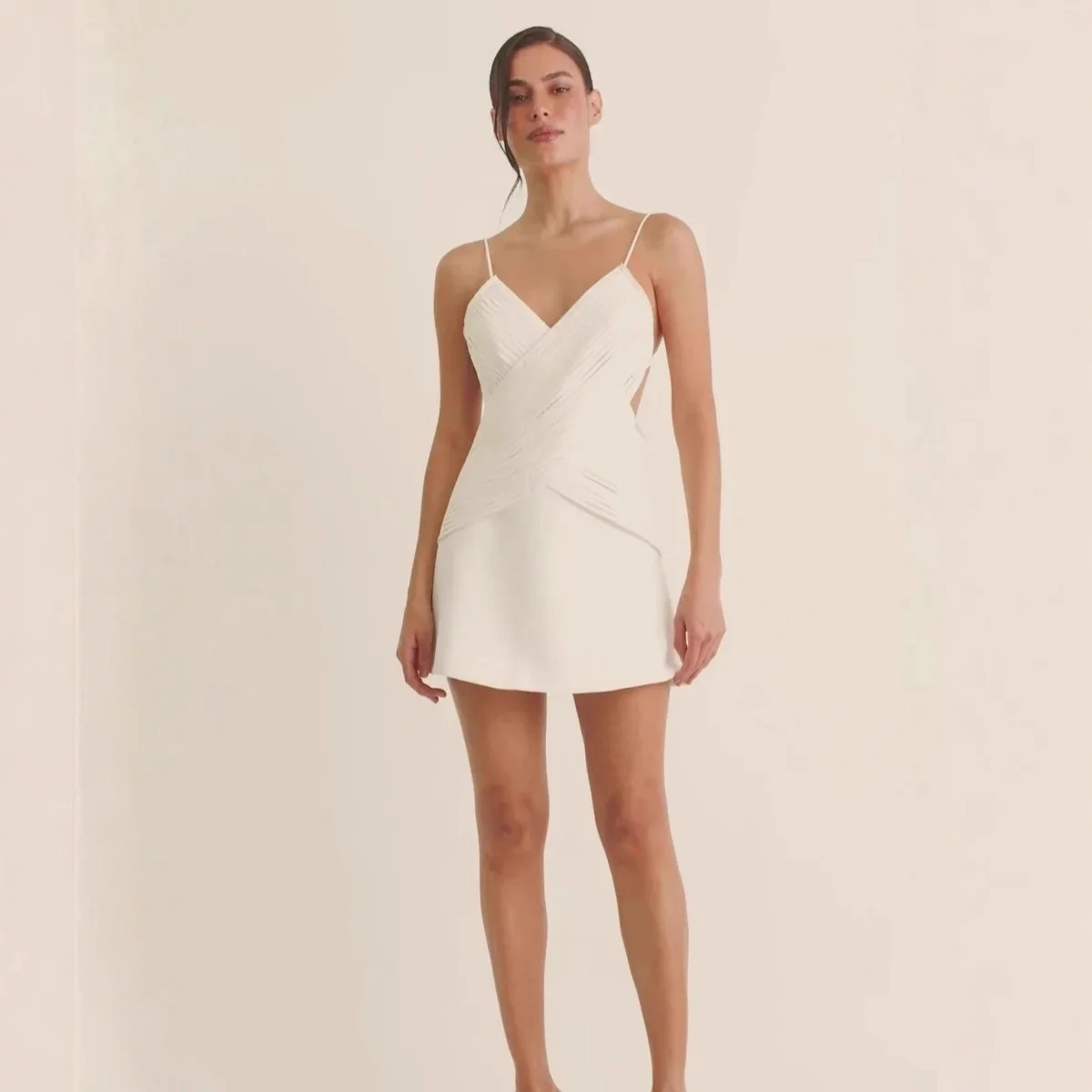 

Sexy White V Neck Sleeveless Short A Line Dress Set Solid Color Thin Strap Backless Jumpsuit Playsuit Matching Set