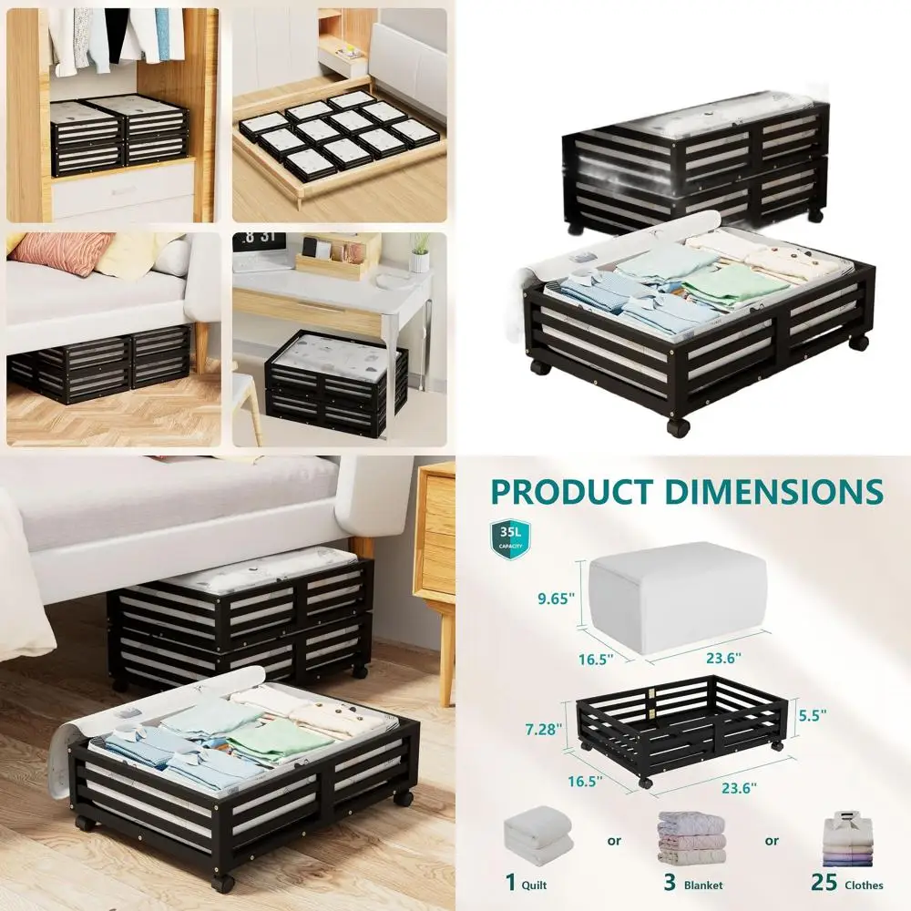 

Коробки для хранения под кроватью на колесиках с пылезащитными мешками, 2 шт., деревянные органайзеры для обуви (черные, 23.62x16.54)