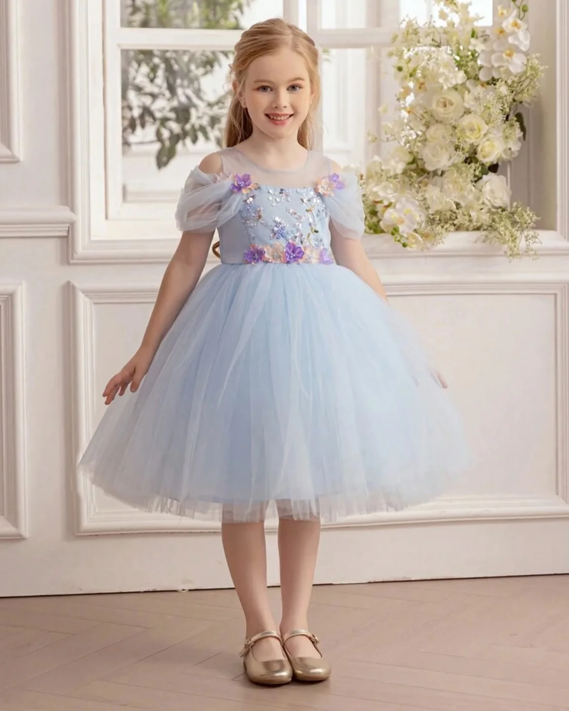 

Tulle Off the Shoulder Princess Flower Girls' Dresses Customized Flowers Beading Knee-Length Party Gowns Kid Wedding Guest Dress