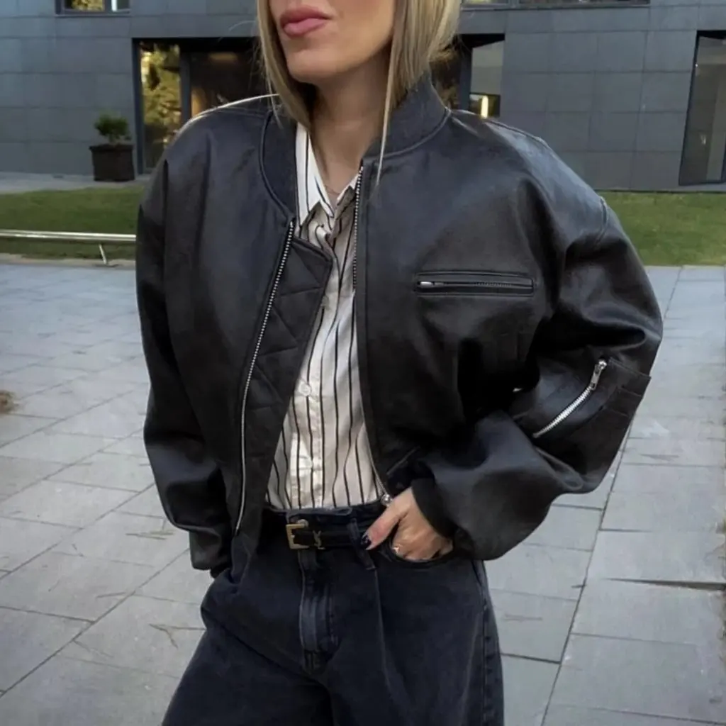 Women's Short Slim-fit Quilted PU Leather Jacket Autumn Winter American Style Collar Zipper Cardigan Top