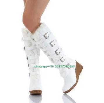 Lady white faux fur wedges heel design knee boots cut lace-up feather buckle strap lace-up boots vintage style Gothic boots size