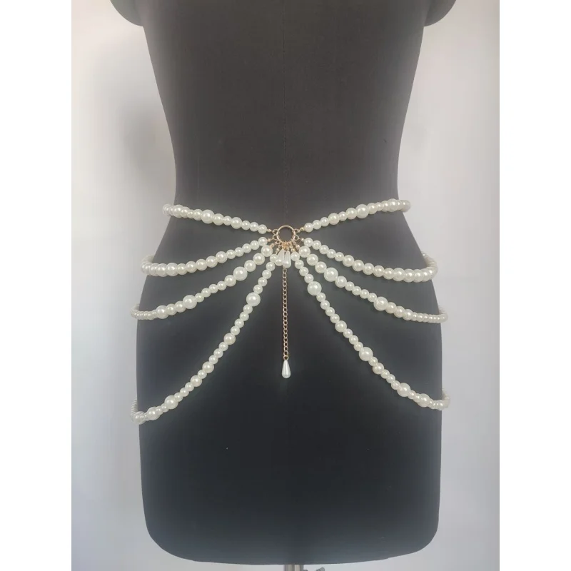 Mehrschichtige Kunstperlen-Taillenkette für Damen, verstellbarer Quasten-Perlen-Körpergürtel, Braut-Hochzeitskleid-Taillengurt, Party-Körperkette – Detail 3