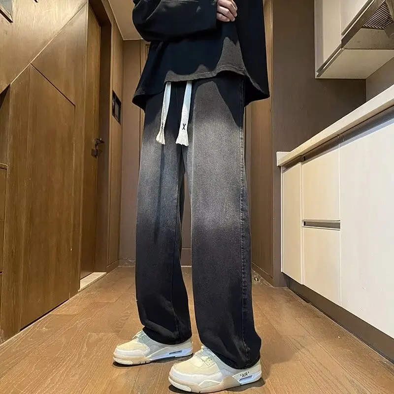 Jeans Men Gradient Denim Pant Harajuku Fashion Casual Straight Pants Male Elastic Waist Jeans Streetwear Casual Denim Trousers