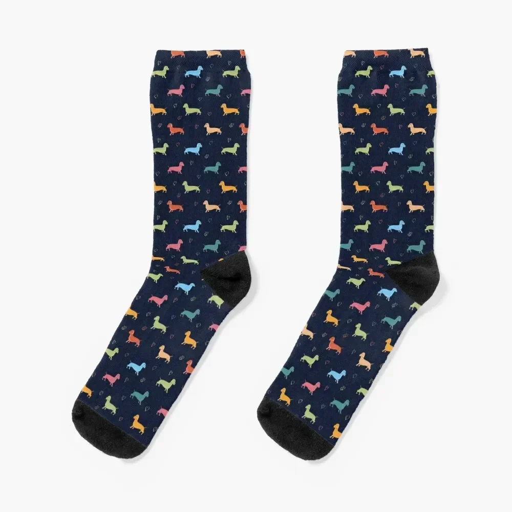 Multicolour Sausage Dog and Hearts Pattern (Navy) Socks gifts happy Socks For Girls Men's